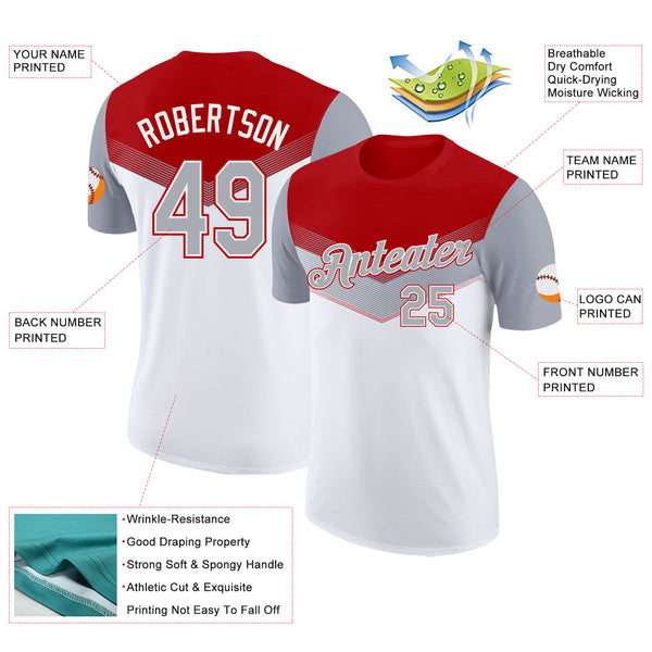 Custom Red Gray-White Geometric V-Lines Color Block Performance T-Shirt