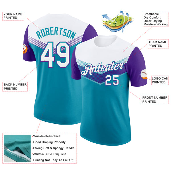 Custom White Teal-Purple Geometric V-Lines Color Block Performance T-Shirt