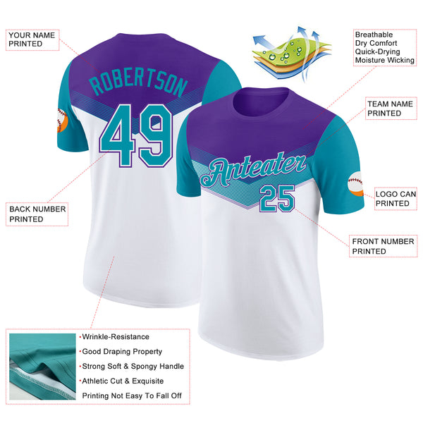 Custom Purple Teal-White Geometric V-Lines Color Block Performance T-Shirt