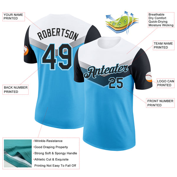 Custom White Black-Sky Blue Geometric V-Lines Color Block Performance T-Shirt