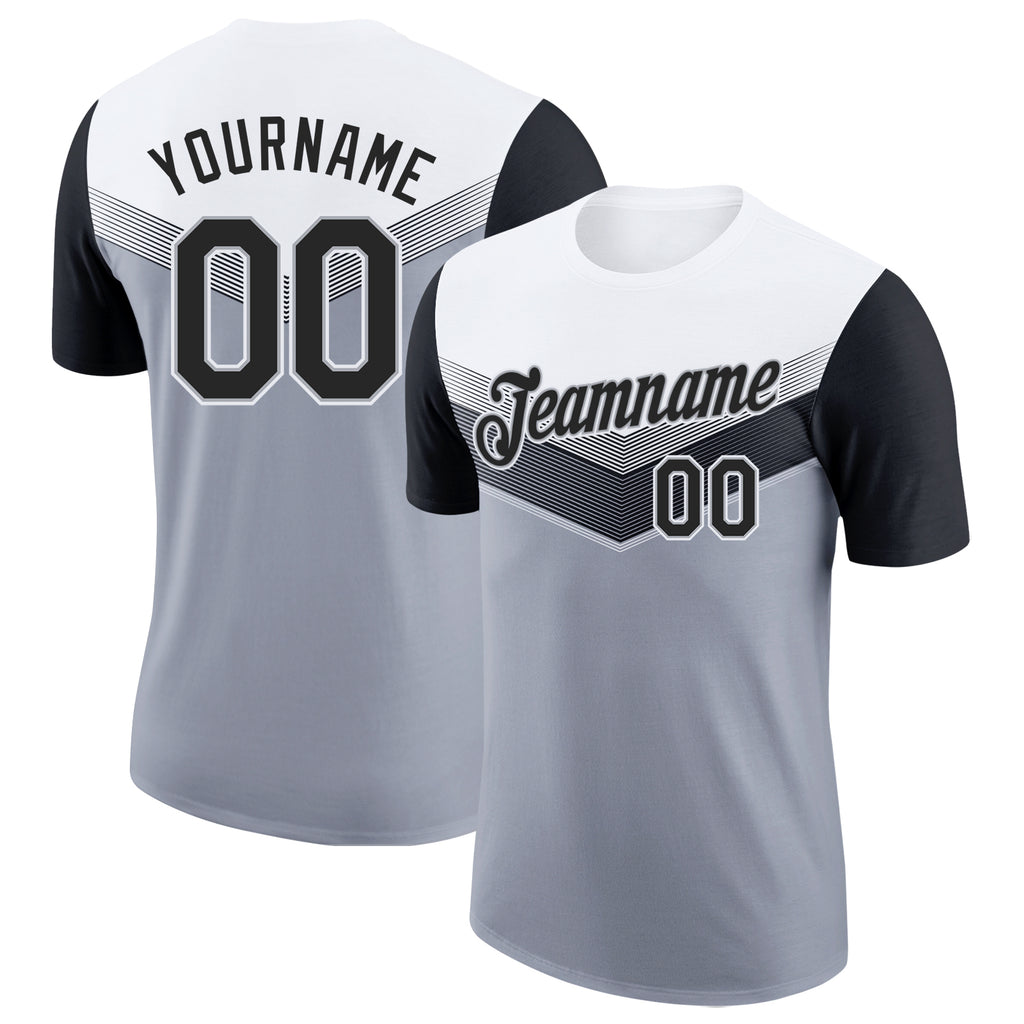 Custom White Black-Gray Geometric V-Lines Color Block Performance T-Shirt