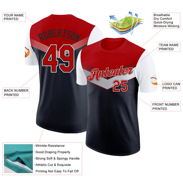 Custom Red Black-White Geometric V-Lines Color Block Performance T-Shirt