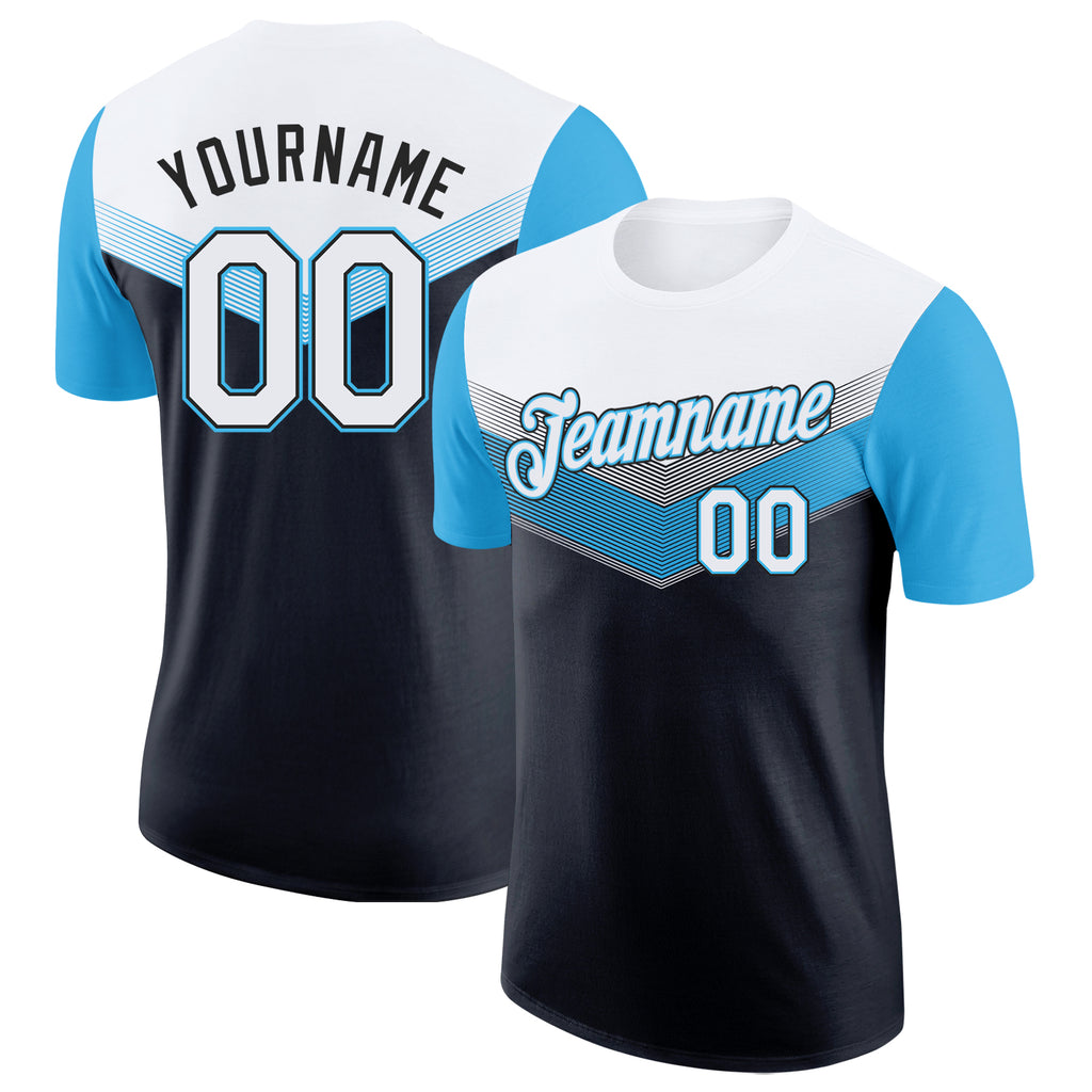 Custom White Black-Sky Blue Geometric V-Lines Color Block Performance T-Shirt
