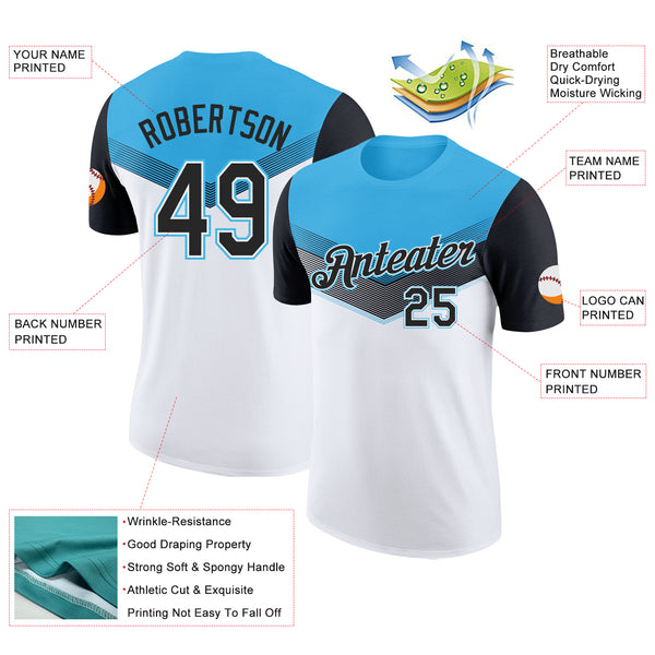 Custom Sky Blue Black-White Geometric V-Lines Color Block Performance T-Shirt