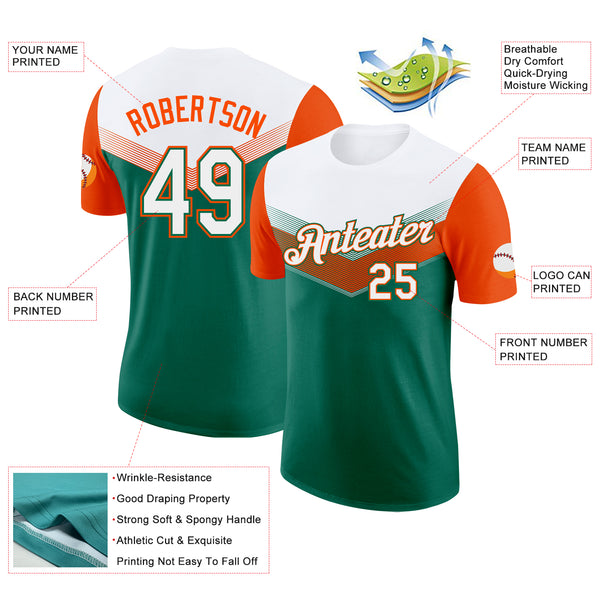 Custom White Kelly Green-Orange Geometric V-Lines Color Block Performance T-Shirt