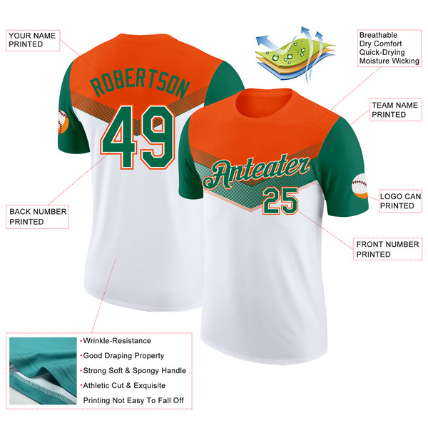 Custom Orange Kelly Green-White Geometric V-Lines Color Block Performance T-Shirt