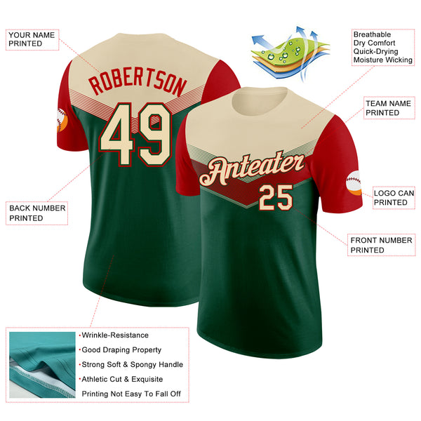 Custom Cream Green-Red Geometric V-Lines Color Block Performance T-Shirt