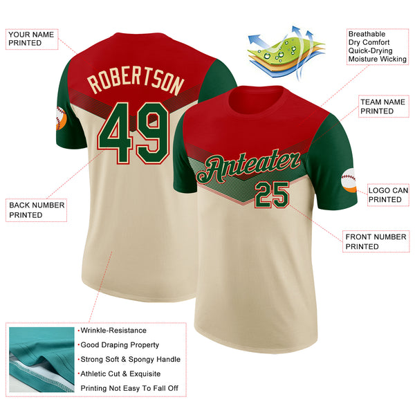 Custom Red Green-Cream Geometric V-Lines Color Block Performance T-Shirt
