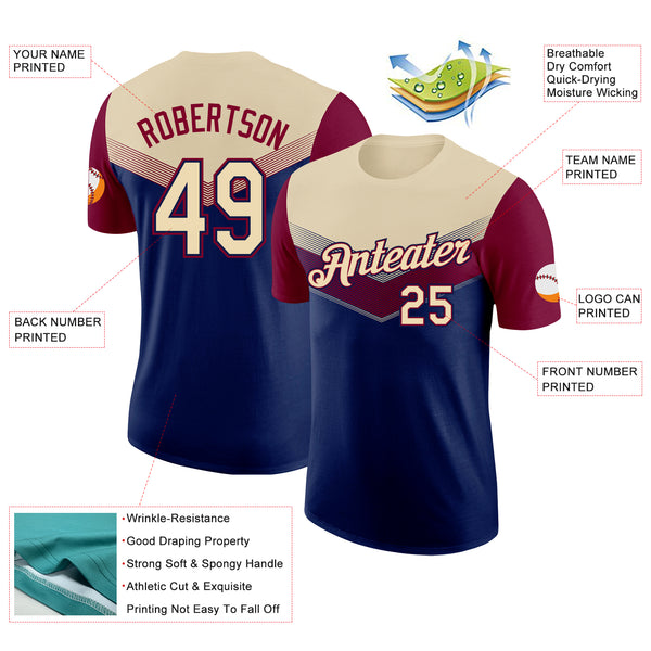 Custom Cream Navy-Maroon Geometric V-Lines Color Block Performance T-Shirt