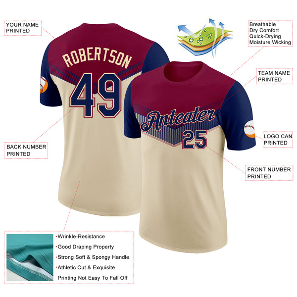 Custom Maroon Navy-Cream Geometric V-Lines Color Block Performance T-Shirt