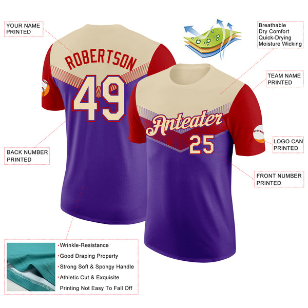 Custom Cream Purple-Red Geometric V-Lines Color Block Performance T-Shirt