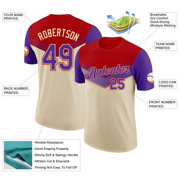 Custom Red Purple-Cream Geometric V-Lines Color Block Performance T-Shirt