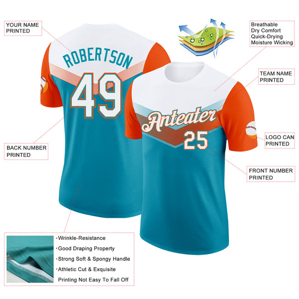 Custom White Teal-Orange Geometric V-Lines Color Block Performance T-Shirt
