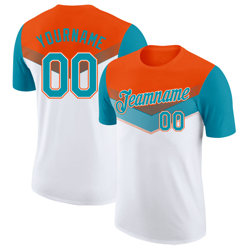 Custom Orange Teal-White Geometric V-Lines Color Block Performance T-Shirt