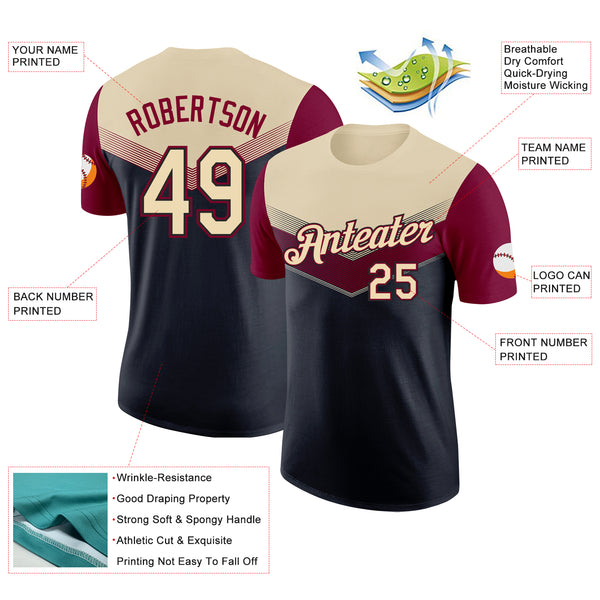 Custom Cream Black-Maroon Geometric V-Lines Color Block Performance T-Shirt