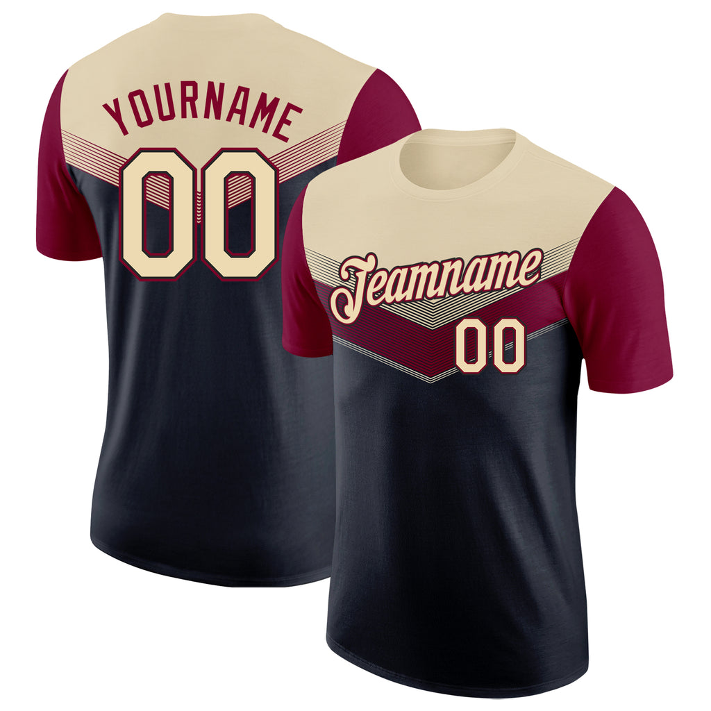 Custom Cream Black-Maroon Geometric V-Lines Color Block Performance T-Shirt