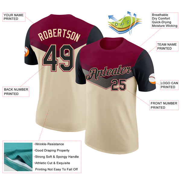 Custom Maroon Black-Cream Geometric V-Lines Color Block Performance T-Shirt