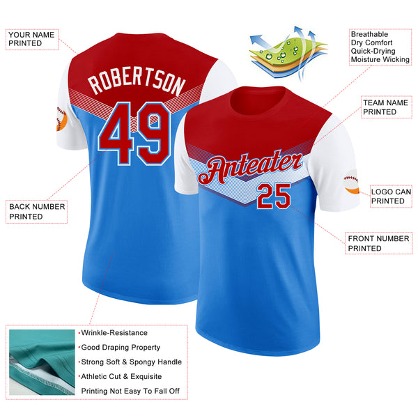 Custom Red Powder Blue-White Geometric V-Lines Color Block Performance T-Shirt