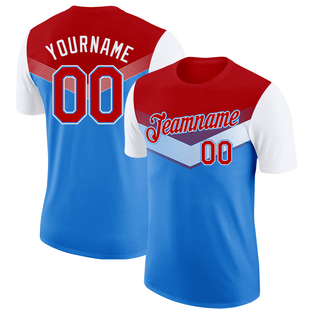 Custom Red Powder Blue-White Geometric V-Lines Color Block Performance T-Shirt