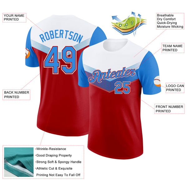 Custom White Powder Blue-Red Geometric V-Lines Color Block Performance T-Shirt