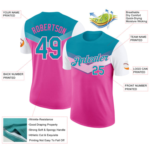 Custom Teal Pink-White Geometric V-Lines Color Block Performance T-Shirt