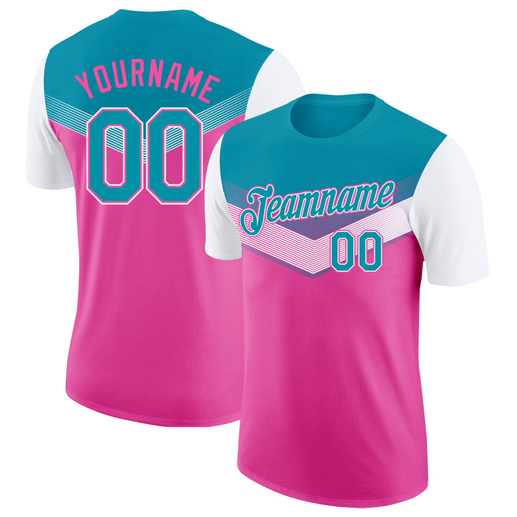Custom Teal Pink-White Geometric V-Lines Color Block Performance T-Shirt
