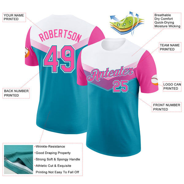 Custom White Pink-Teal Geometric V-Lines Color Block Performance T-Shirt