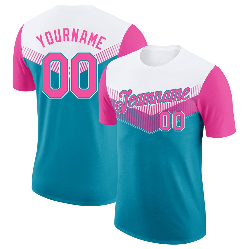 Custom White Pink-Teal Geometric V-Lines Color Block Performance T-Shirt