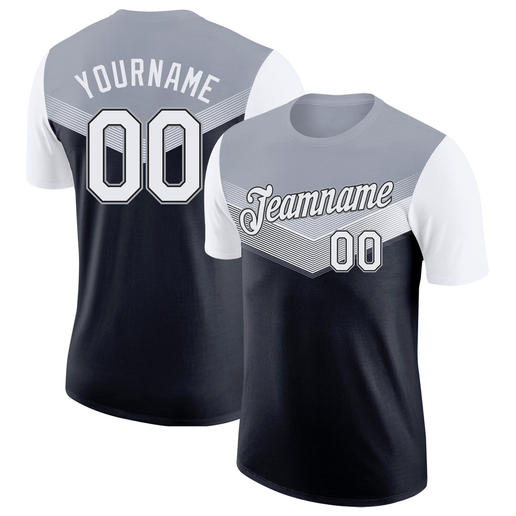 Custom Gray White-Black Geometric V-Lines Color Block Performance T-Shirt