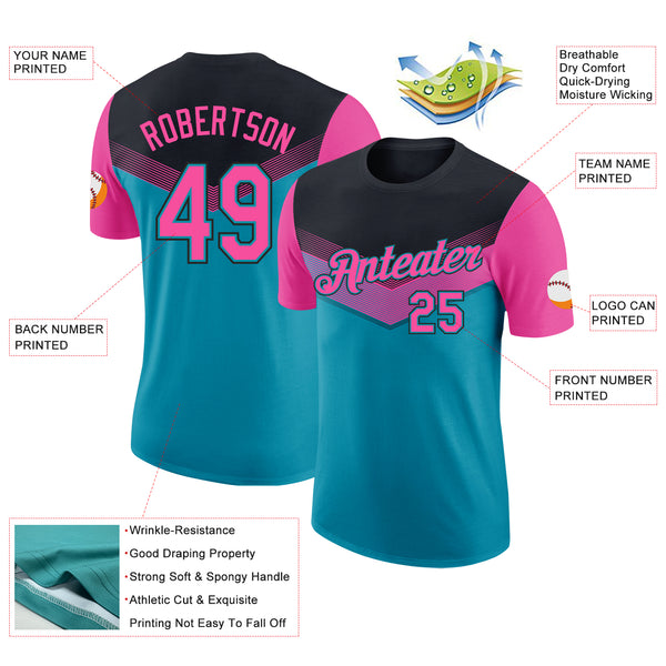 Custom Black Pink-Teal Geometric V-Lines Color Block Performance T-Shirt