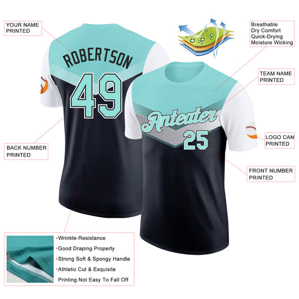 Custom Ice Blue Black-White Geometric V-Lines Color Block Performance T-Shirt