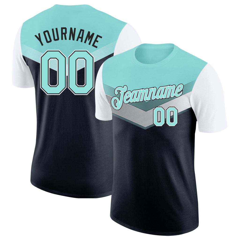 Custom Ice Blue Black-White Geometric V-Lines Color Block Performance T-Shirt