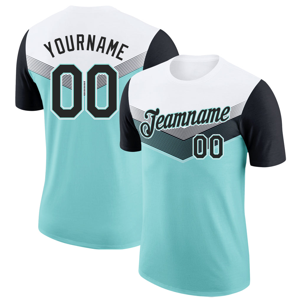 Custom White Black-Ice Blue Geometric V-Lines Color Block Performance T-Shirt