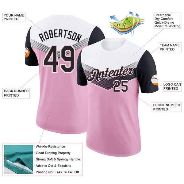 Custom White Black-Light Pink Geometric V-Lines Color Block Performance T-Shirt