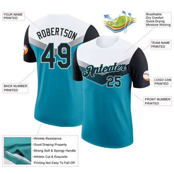 Custom White Black-Teal Geometric V-Lines Color Block Performance T-Shirt