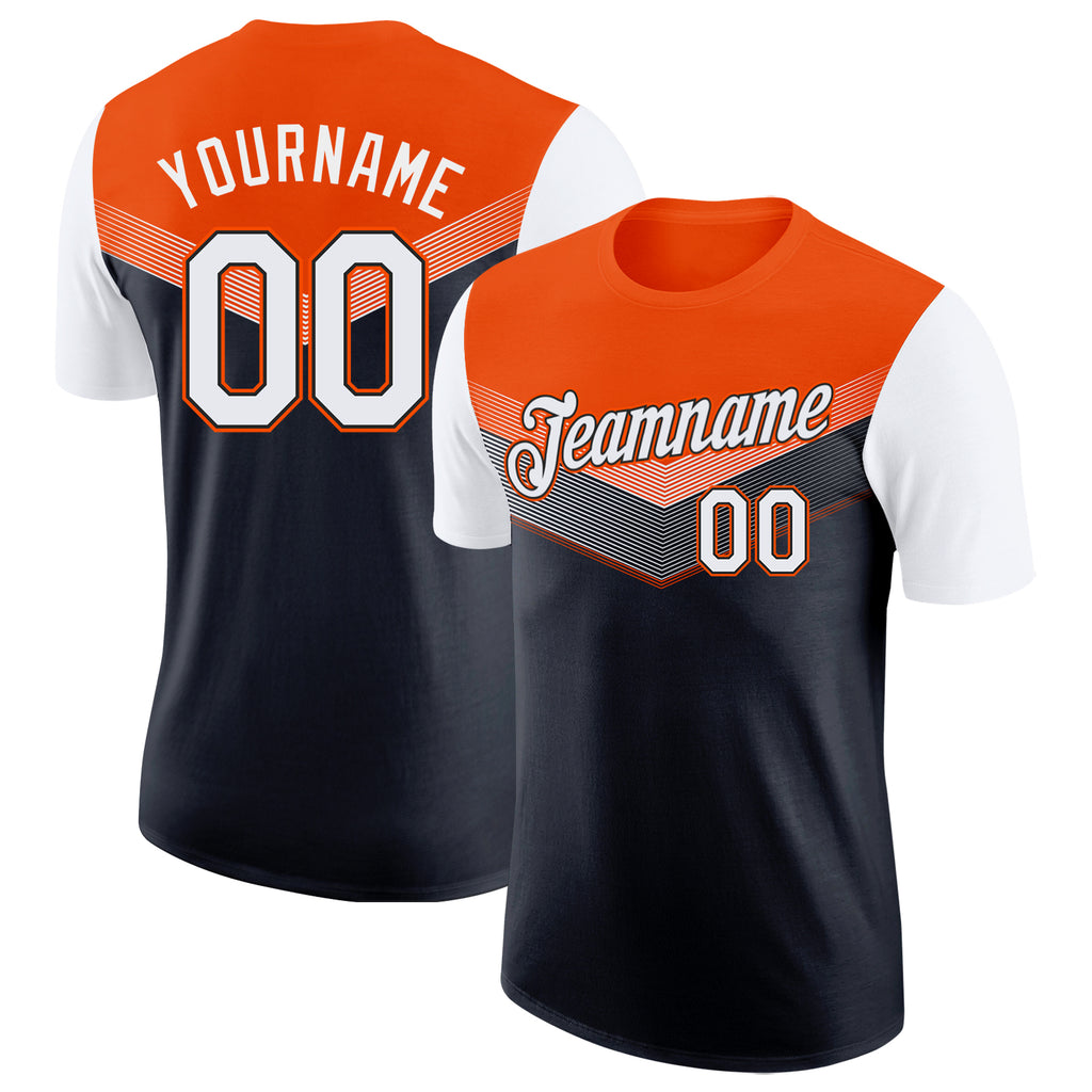 Custom Orange White-Black Geometric V-Lines Color Block Performance T-Shirt