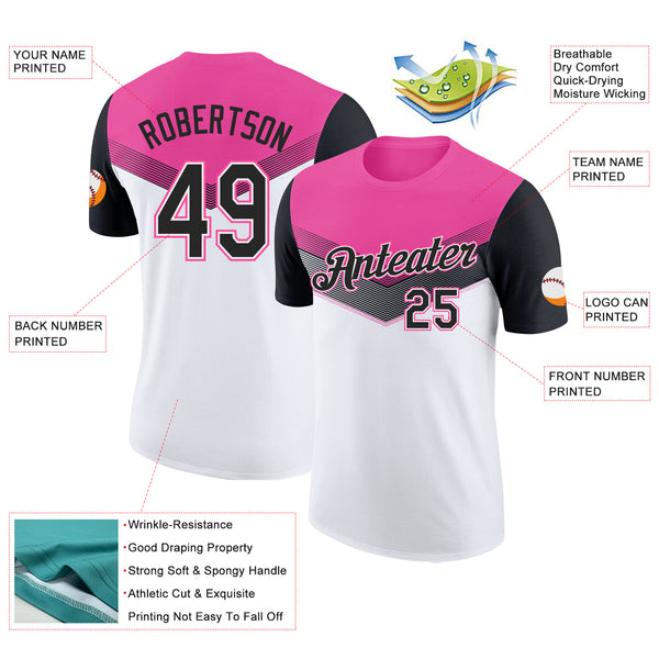 Custom Pink Black-White Geometric V-Lines Color Block Performance T-Shirt