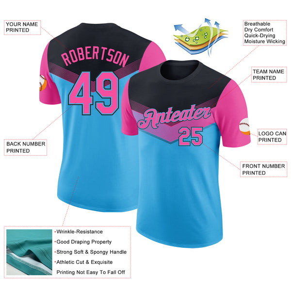 Custom Black Pink-Sky Blue Geometric V-Lines Color Block Performance T-Shirt
