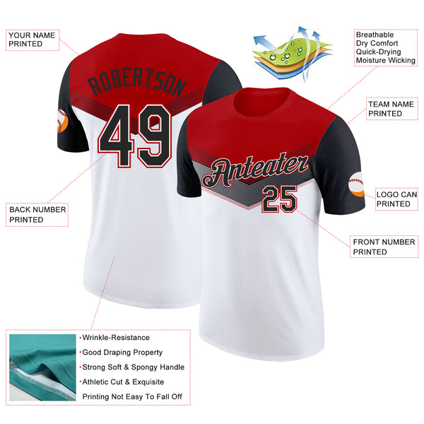 Custom Red Black-White Geometric V-Lines Color Block Performance T-Shirt
