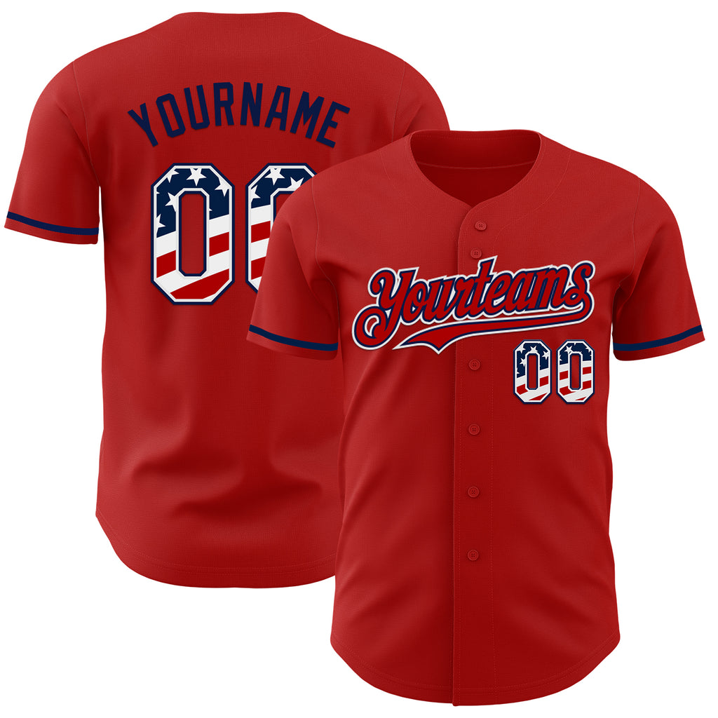 Custom Red USA Flag White-Navy Authentic Baseball Jersey