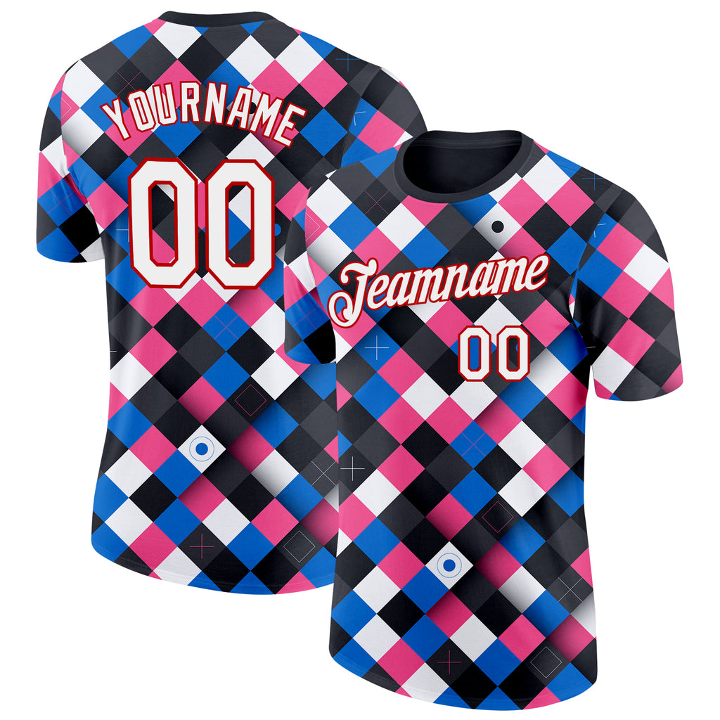 Custom Black White Blue Pink-Red Geometric Digital Mosaic Performance T-Shirt