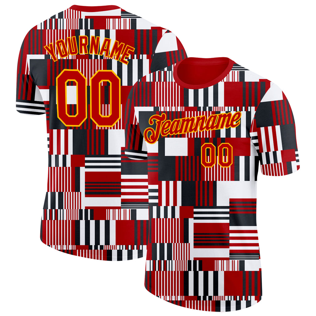 Custom Red Black White-Gold Geometric Digital Mosaic Performance T-Shirt
