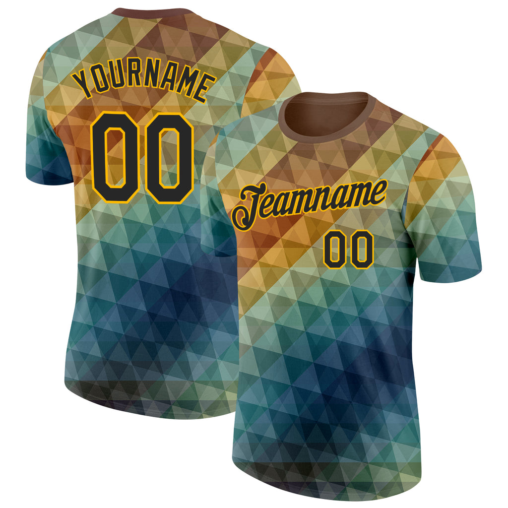 Custom Blue Black Brown-Gold Geometric Gradient Digital Mosaic Performance T-Shirt