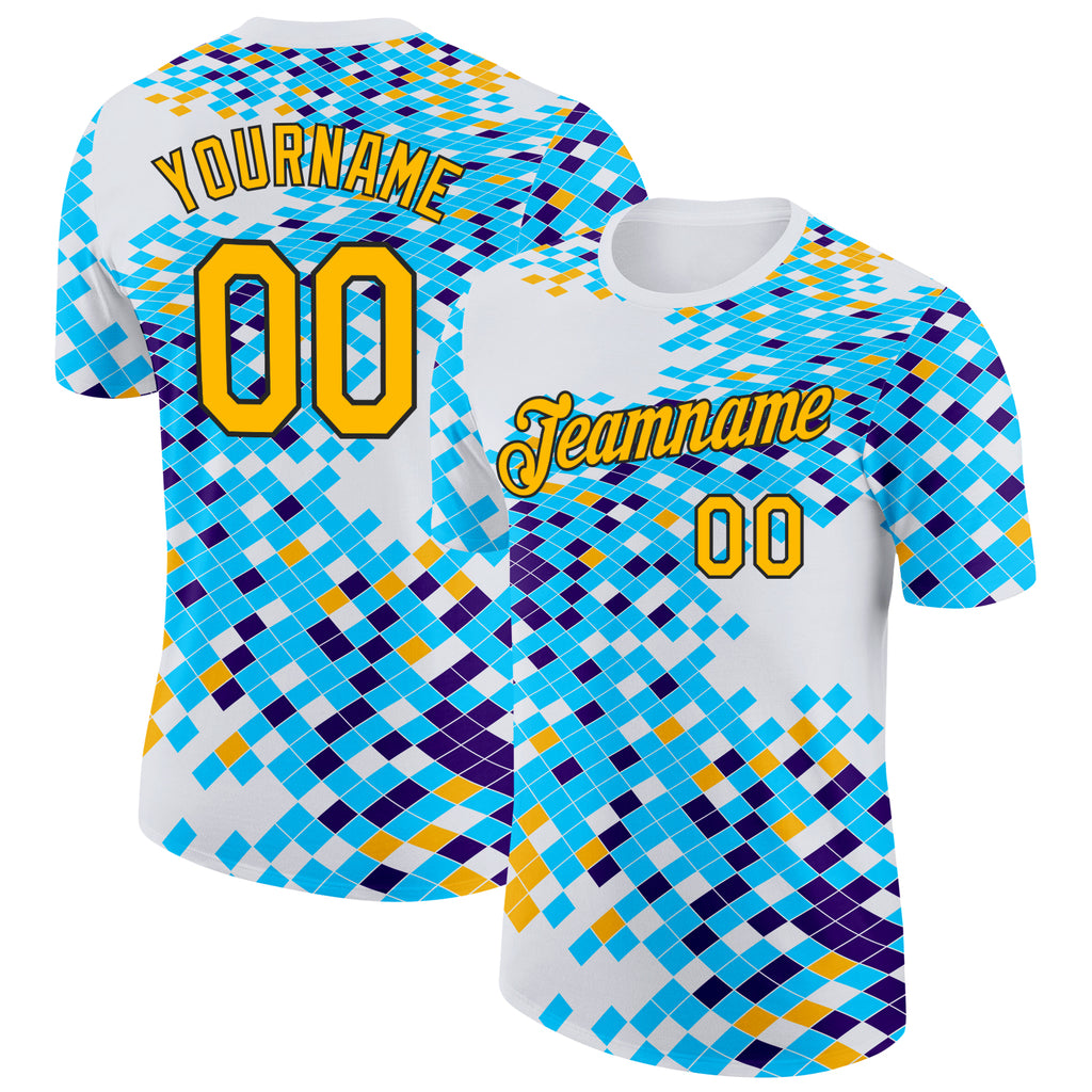 Custom White Gold Blue-Black Geometric Digital Mosaic Performance T-Shirt