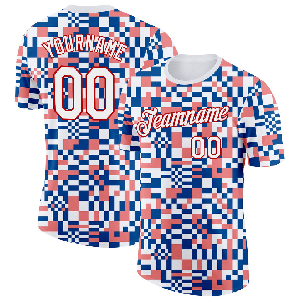 Custom White Blue Pink-Red Geometric Digital Mosaic Performance T-Shirt