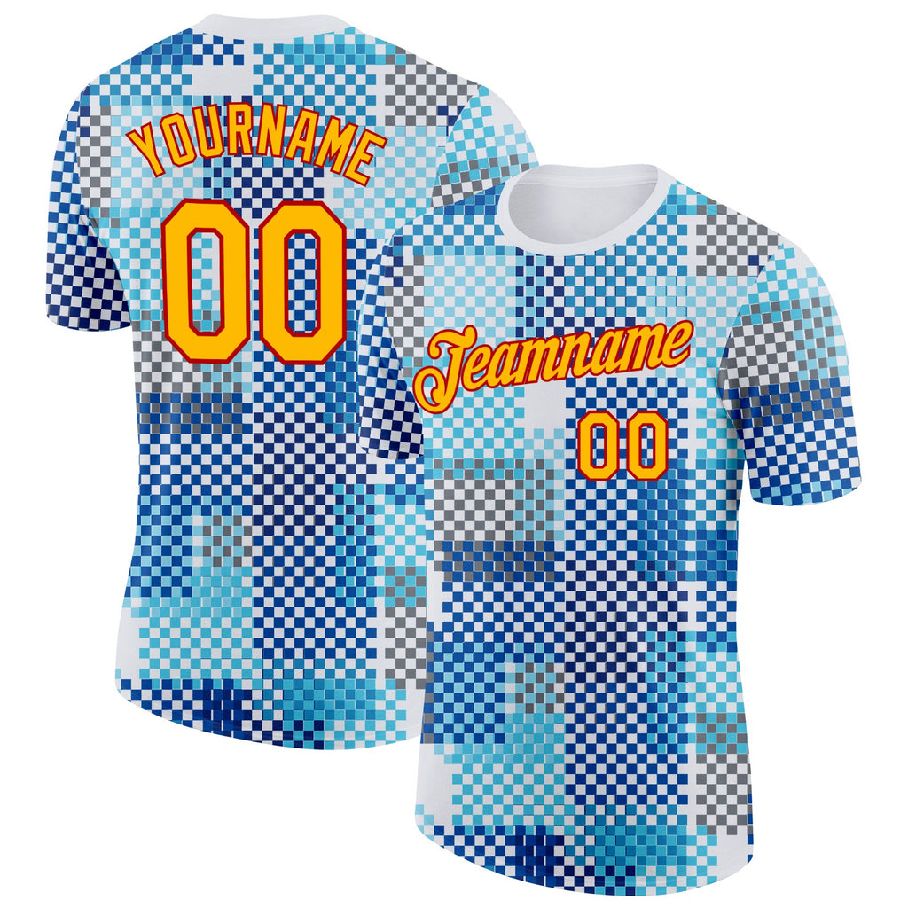 Custom White Gold Blue-Red Geometric Digital Mosaic Performance T-Shirt
