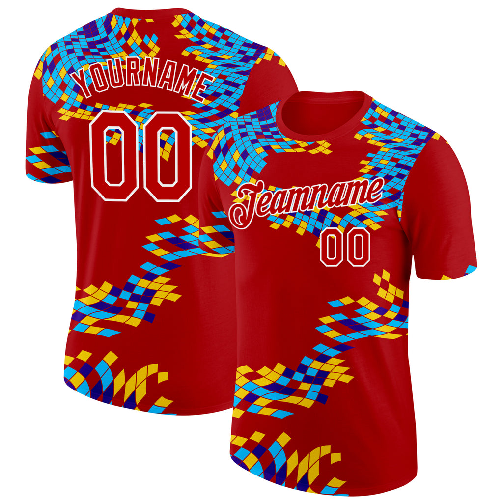 Custom Red Blue Yellow-White Geometric Digital Mosaic Performance T-Shirt