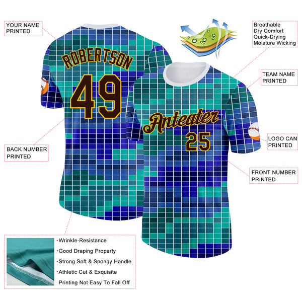 Custom White Brown Green Blue-Gold Geometric Digital Mosaic Performance T-Shirt