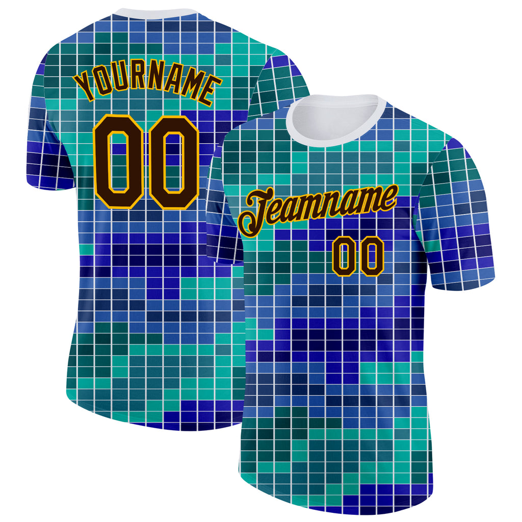 Custom White Brown Green Blue-Gold Geometric Digital Mosaic Performance T-Shirt
