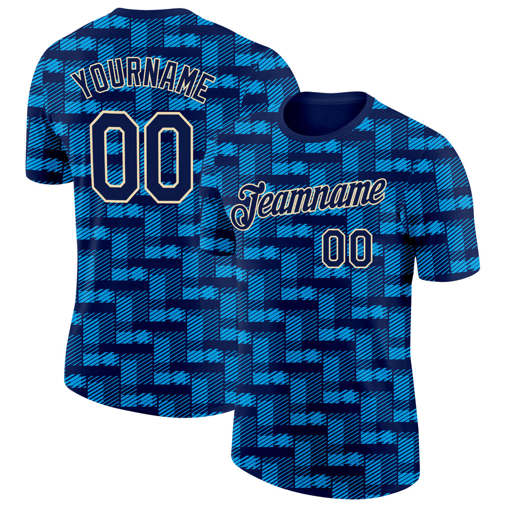 Custom Navy Blue-Cream Geometric Digital Mosaic Performance T-Shirt